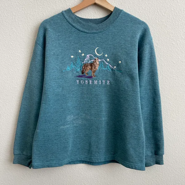 Vintage 90s Blue Yosemite Embroidered Wolf Mountain Crewneck Pullover Sweatshirt - Image 2