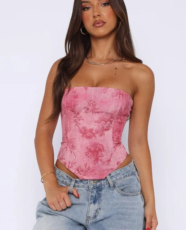 White Fox Boutique Pink Floral Strapless Blouse - Image 2