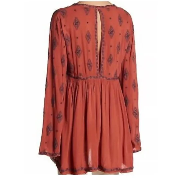 Free People Diamond Embroidered Mini Dress Boho Bell Sleeve Tunic Rust Small - Image 7