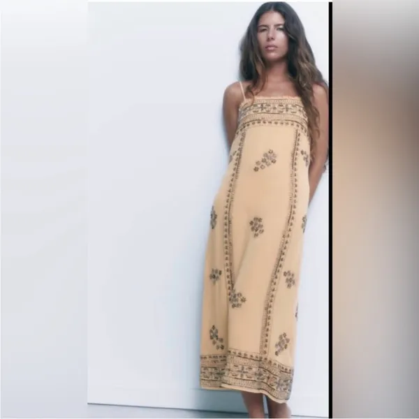 Zara NWT tan embellished beaded mesh midi maxi dress - Image 7