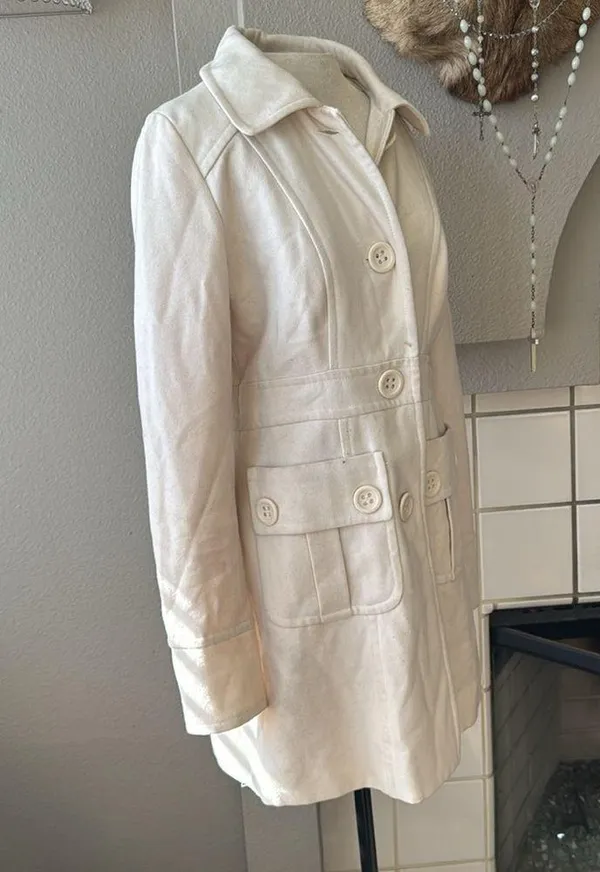 Tulle Peacoat medium Ivory Wool Blend Long Jacket Old Money Career Button-Up - Image 2