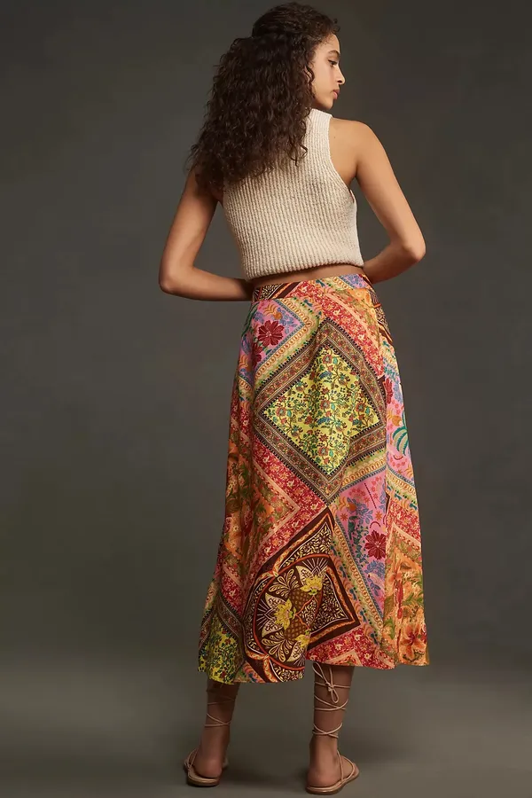 Farm Rio Mixed Scarves Satin Slip Midi Skirt, Size XS - Image 5