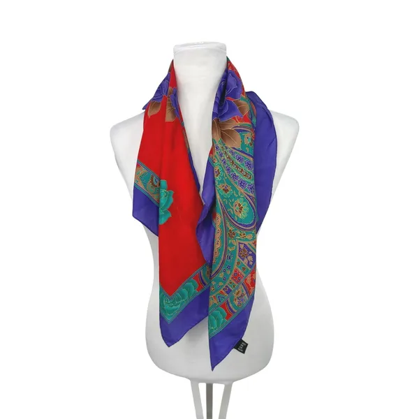 Vintage 80s 90s Womens Scarf Korea Red Purple Floral Paisley Silky Satin Jewel - Image 2