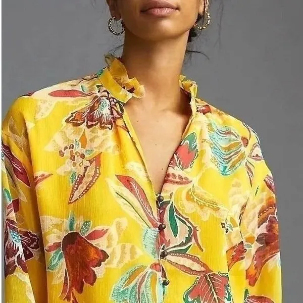 Pilcro Anthropologie Floral‎ Blouse Womens 1X Yellow Ruffle V-Neck - Image 2