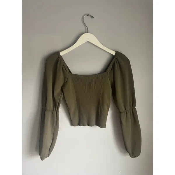 Zara Ren Faire Olive Green Knit Button Front Balloon Sleeve Crop Top Small - Image 2