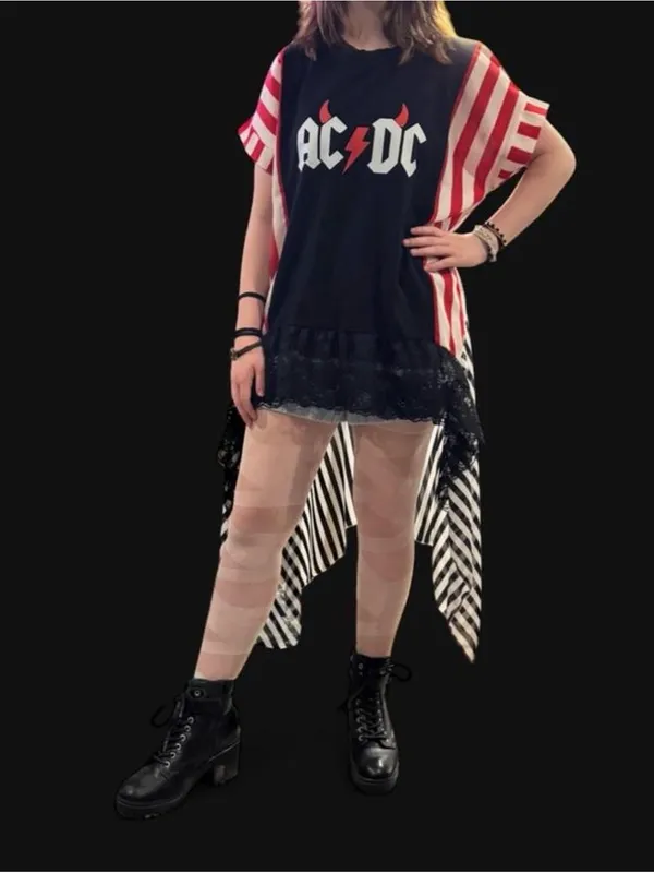 AC/DC Graphic Black & Red Tunic Top with Lace Hem - Image 2
