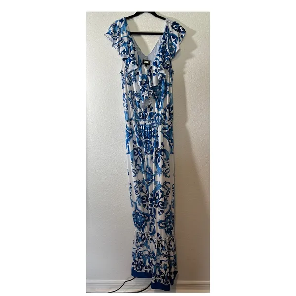 Alexia Admor Size L Blue White Majolica Mediterranean Floral Ruffle V-Neck Dress - Image 2
