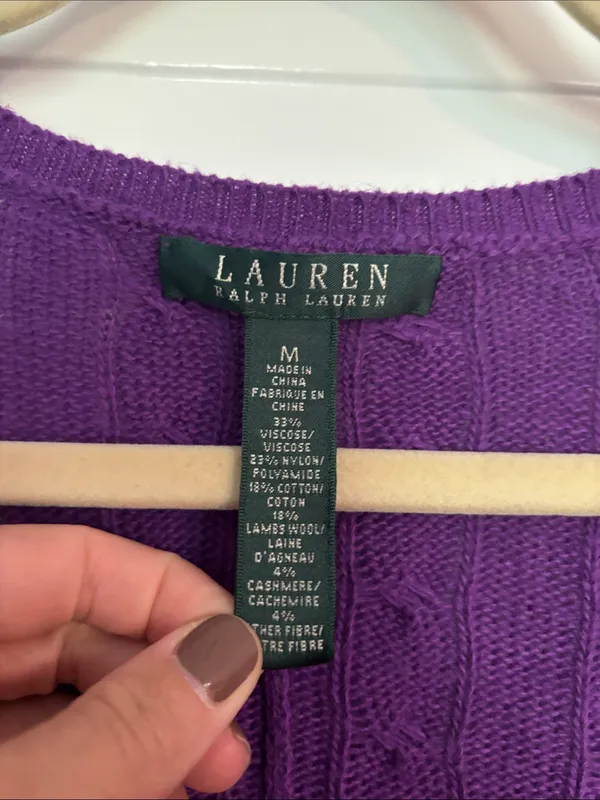 Lauren Ralph Lauren Purple Cable-Knit V-Neck Sweater Cardigan - Image 3