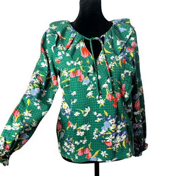 LOFT Green Floral Blouse Ruffle Tie Neck‎ Size XXSP Fairy Cottage Feminine - Image 3