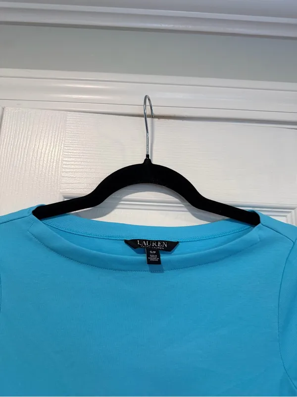 NWOT LRL Lauren Ralph Lauren Size S Blue Boat Neck Cuffed Sleeve Top Cotton - Image 2