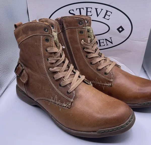 Steve Madden leather fur fleece lined tan lace up boots Size 9 - Image 12