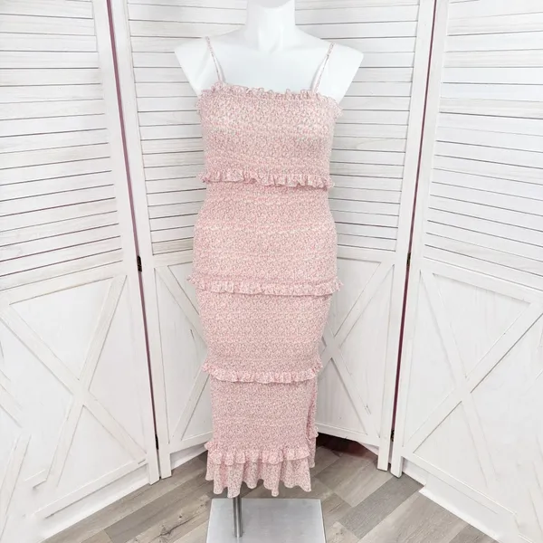 Mabel Daphne Ditsy Flower Ruffe Trim Smocked Midi Long Tube Dress Pink‎ Large - Image 2