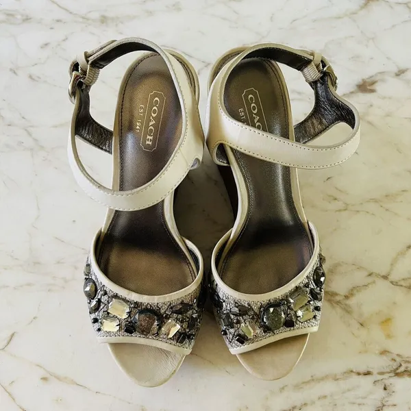 COACH Hanson Tan Gray Jeweled Rhinestone Platform Wedge Heel Sandals - US 8 - Image 2