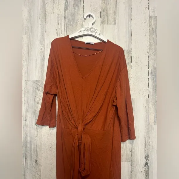 Zara Rust Orange Tie Front Maxi Dress Size M | V Neck 3/4 Sleeve Stretch - Image 4