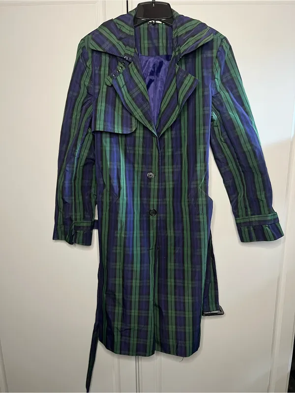 Vintage Jeffrey Banks Plaid Trench Coat Longline Belted Green Purple Size M - Image 6