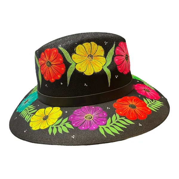 HAT MEXICAN Artisanal Hand Painted Fedora Floral Sombrero Panama Bohemian Black - Image 8