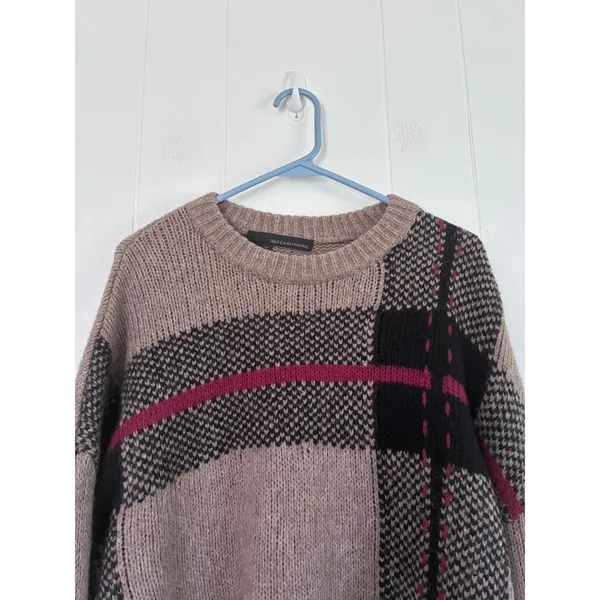 360 Cashmere Merino Wool Plaid Sweater Taupe Black Magenta Large L26 P24 - Image 5