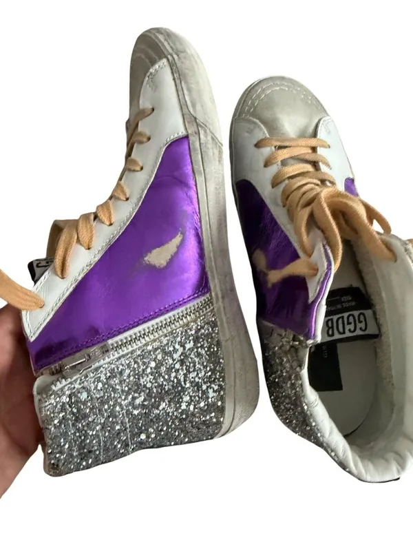 GOLDEN GOOSE Women’s Slide Purple Silver Hi Top Sneakers Size 39 / US 9 - Image 7