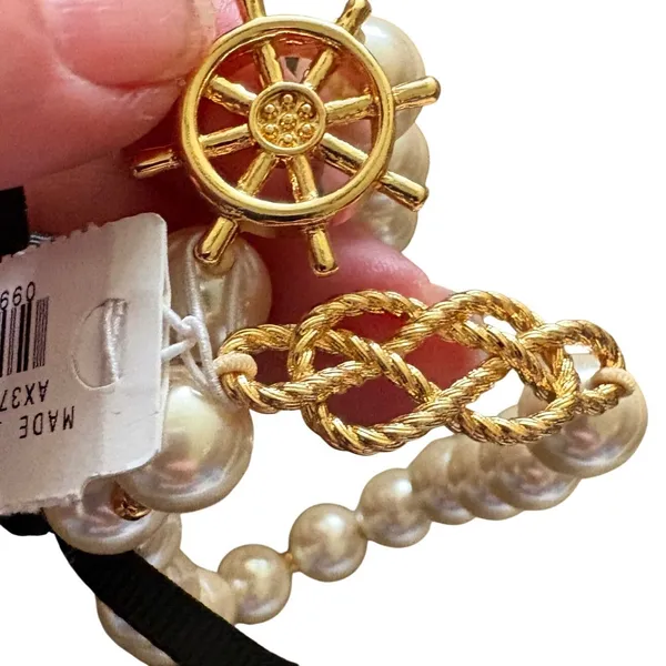 J.Crew Set of Two Nautical Pearl Bracelet Ship Wheel Knot‎ Gold AX372 NWT - Image 4