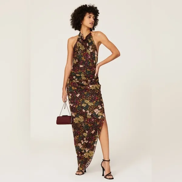 Amanda Uprichard Elektra Backless Gathered Side Slit Gown L Halter‎ Maxi Floral - Image 2
