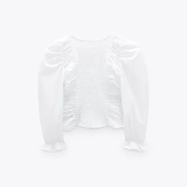Zara White Poplin Ruched Smocked Balloon Sleeve Crop Top - Image 3