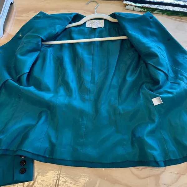 Lord & Taylor Vintage Teal Wool Flannel Blazer Collarless Button Front Jacket‎ 4 - Image 3