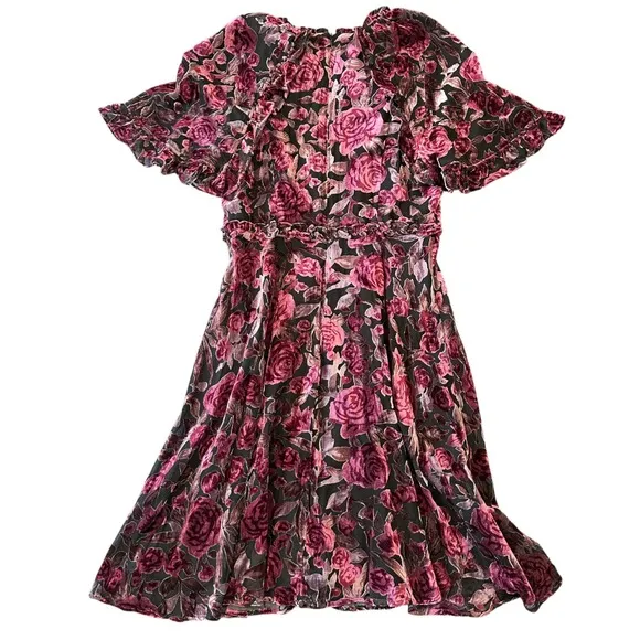 Salt Dark Rose Floral Burnout Velvet Midi‎ Dress Puff Sleeve Pink Purple Ruffle - Image 9