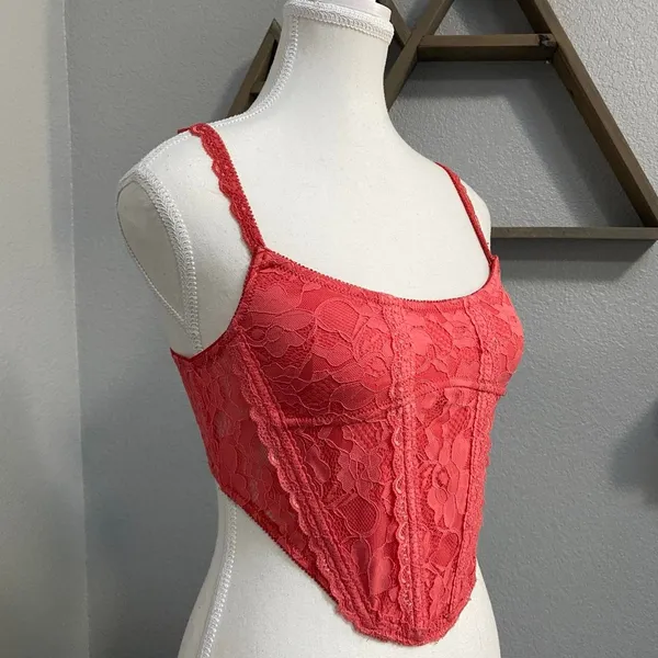 Out From Under Orange Pink Salmon Lace Corset Top Floral Embroider - Image 2