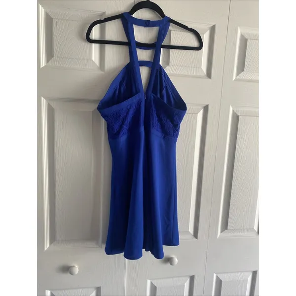Royal Blue Lace Halter Mini Dress Womens Size M Fit Flare Cocktail Party Y2K - Image 5
