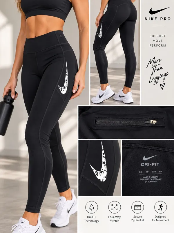 Nike Black High-Waist Dri-FIT Leggings with White Swoosh Sz XS - Image 2