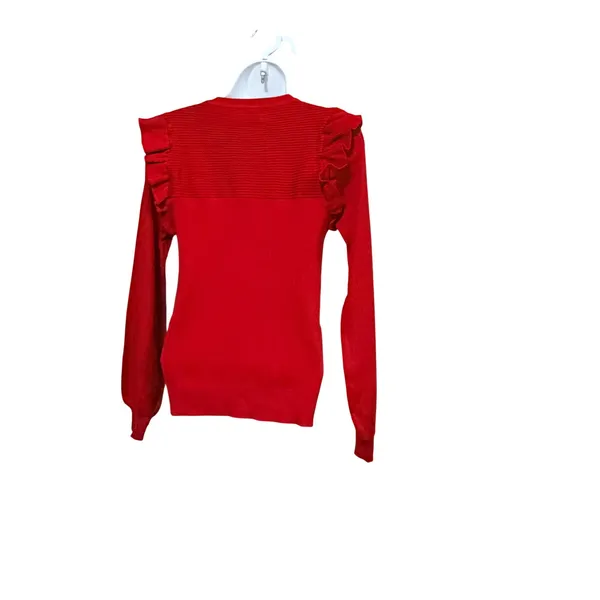 Shop The Mint Red Ruffle Shoulder Ribbed Knit Balloon Sleeve‎ Sweater Medium - Image 3