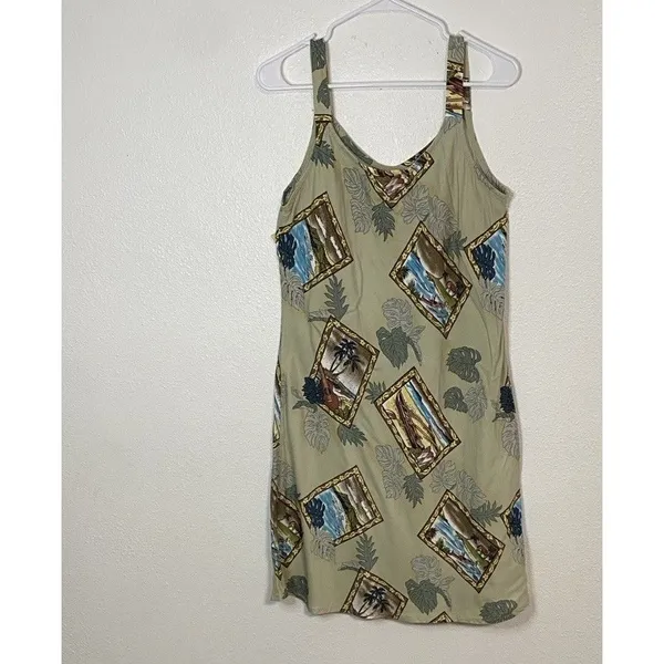 Hilo Hattie Hawaiian Dobby Rayon Sundress Beige Blue Green Size L - Image 15
