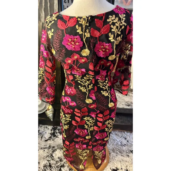 Floral Embroidered Mesh Sheath Dress Black‎ Pink Gold 3/4 Sleeve Cocktail Midi - Image 2