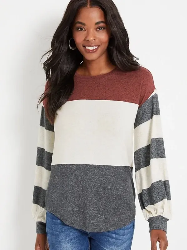 Maurices White Maroon Gray Colorblock Long Sleeve Cozy Tee Shirt - Image 3