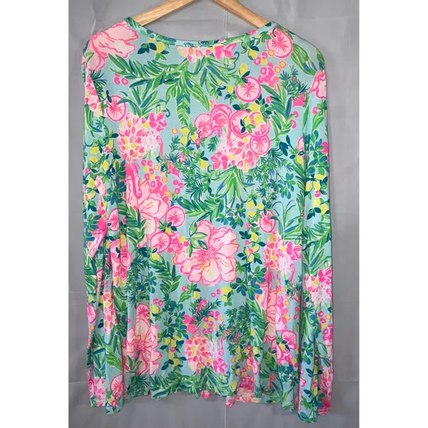 Lilly Pulitzer XL Henley Top Long Sleeve Tropical Floral Citrus Print Blue Pink - Image 2