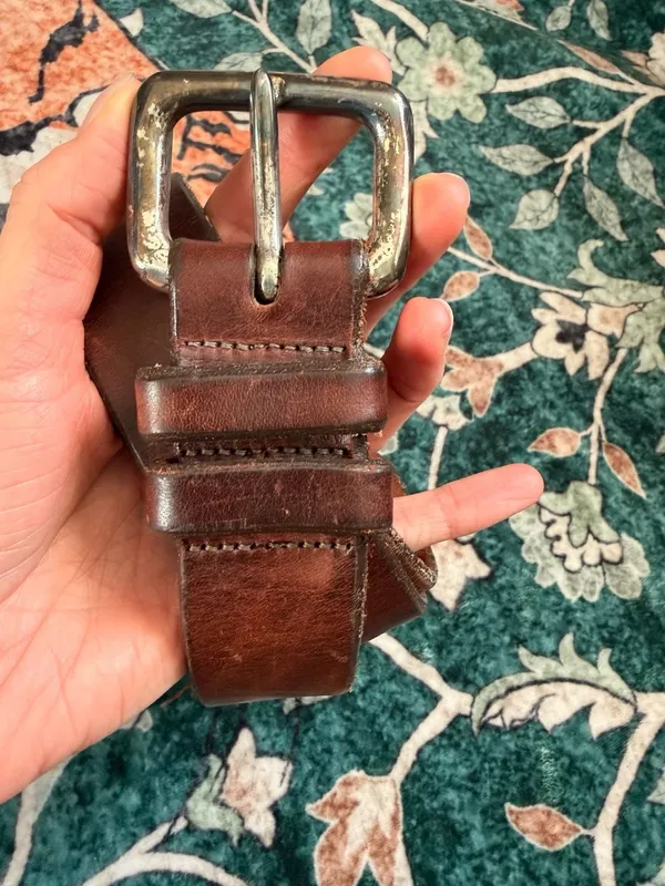 Vintage Chunky Brown Genuine Leather Belt with Solid Brass Buckle Silver Size 34 - Image 6