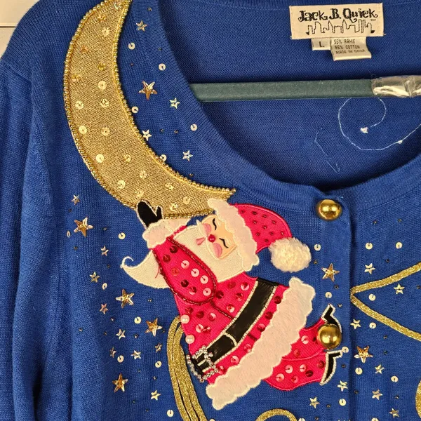 Vintage Jack B Quick Blue Embellished Santa Moon Christmas Cardigan Sweater‎ L - Image 3