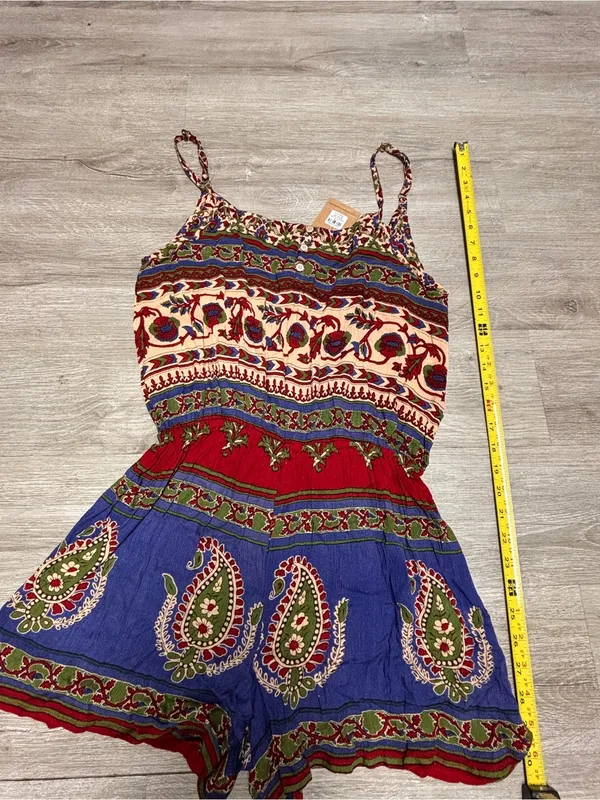 Earthbound Trading Co. Boho Blue Tan Paisley Floral Print Romper Womens Medium - Image 4