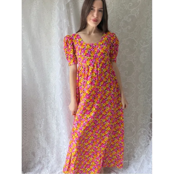Vintage 70s Handmade Floral Puff Sleeve Maxi Dress Empire Waist Cottagecore - Image 12