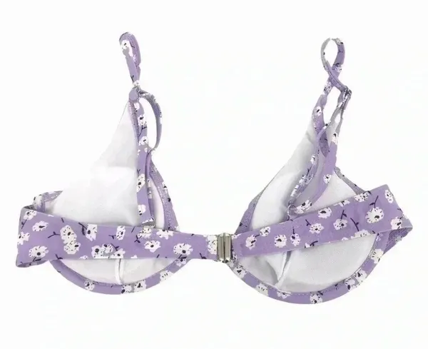 Floral Lilac Two Piece Deep Plunge Bikini Top High Waisted Bottoms Womens Medium - Image 5