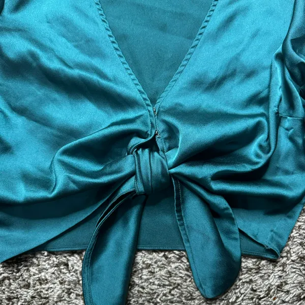Women's Long-Sleeve Tie-Front Satin Blouse - Image 3