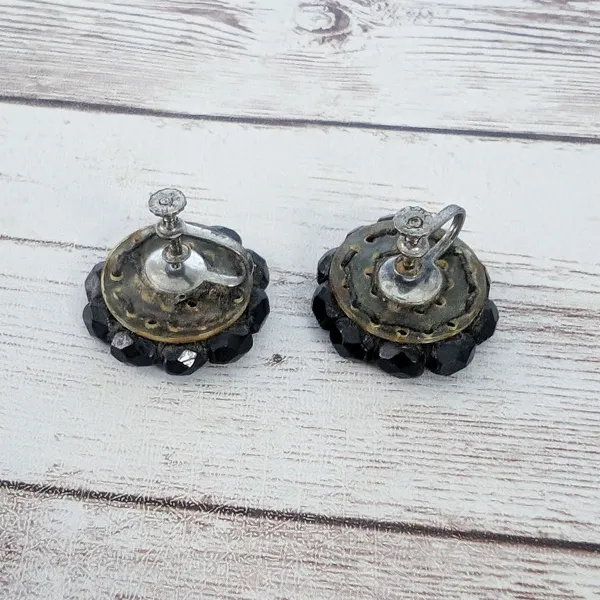 Vintage Screw Back Earrings Black Beads 7/8" - Image 2