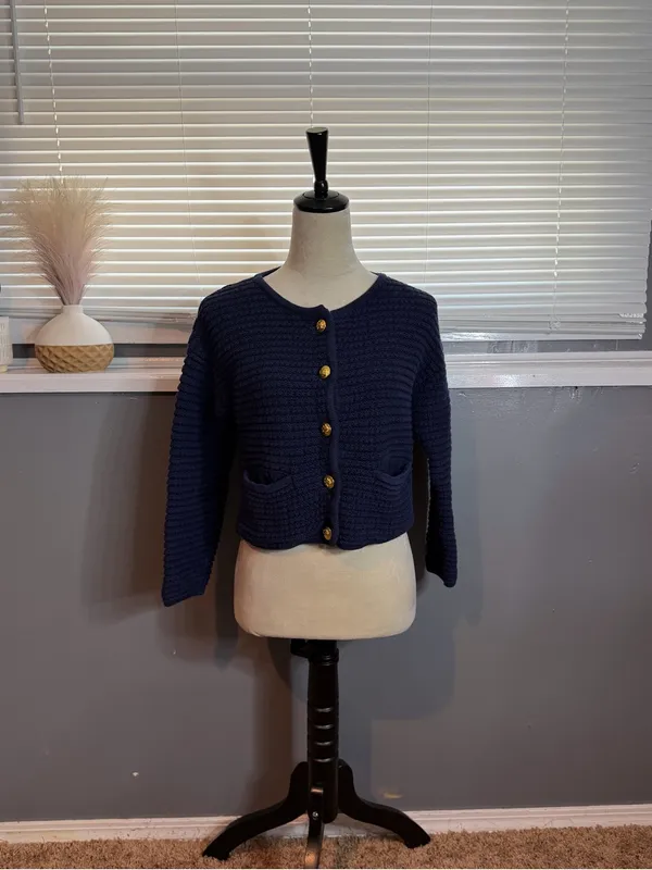 GAP Navy Gold Button Cropped Cardigan Sweater Small 100% Cotton - Image 2