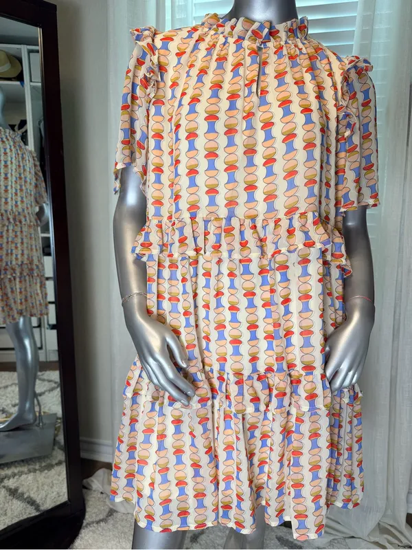Easel Multicolor Abstract Print Tiered Mini Dress Short Sleeve Large - Image 2