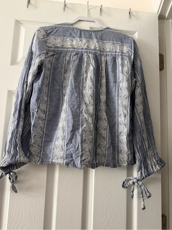 Vintage America Blue Cotton Lace Up Peasant Boho Beach Blouse M - Image 2