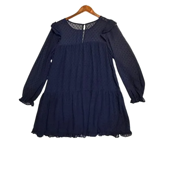 Sheer Navy Blue Dotted Tier Ruffle Dress Long‎ Sleeves Size L Romantic Whimsy - Image 15