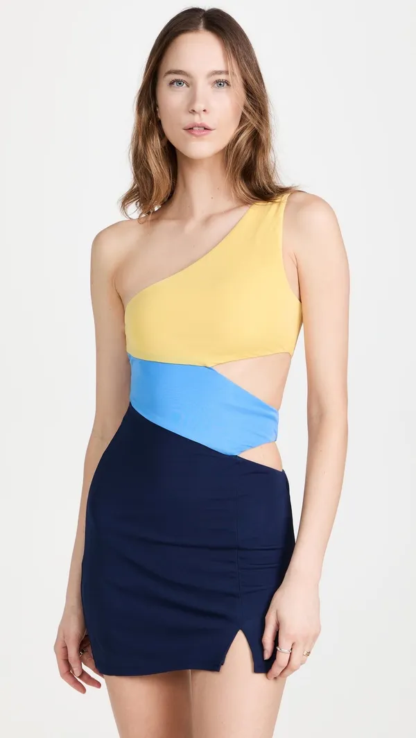 Staud Letta asymmetric jersey mini dress in cool ocean multi size XS extra small - Image 12