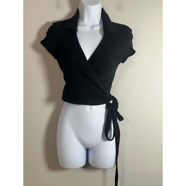 Reformation Sidra Knit Top Black Ribbed Wrap‎ Cropped Short Sleeve Small S USA - Image 2
