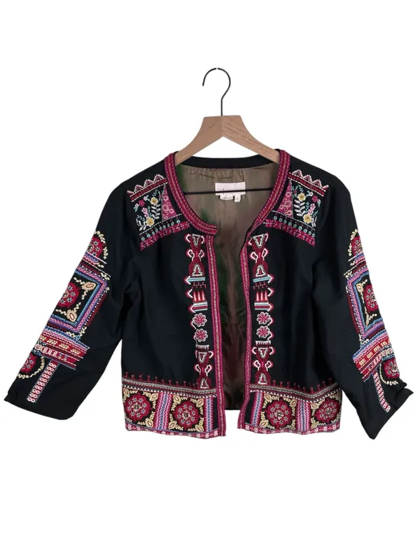 Anthropologie Abstract Embroidered Jacket Size Small Black Multicolor Boho Artsy - Image 4