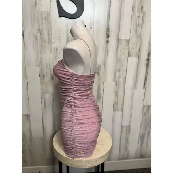 Pink Glitter Ruched Bodycon Mini Dress Spaghetti Strap Party Club Size S - Image 2